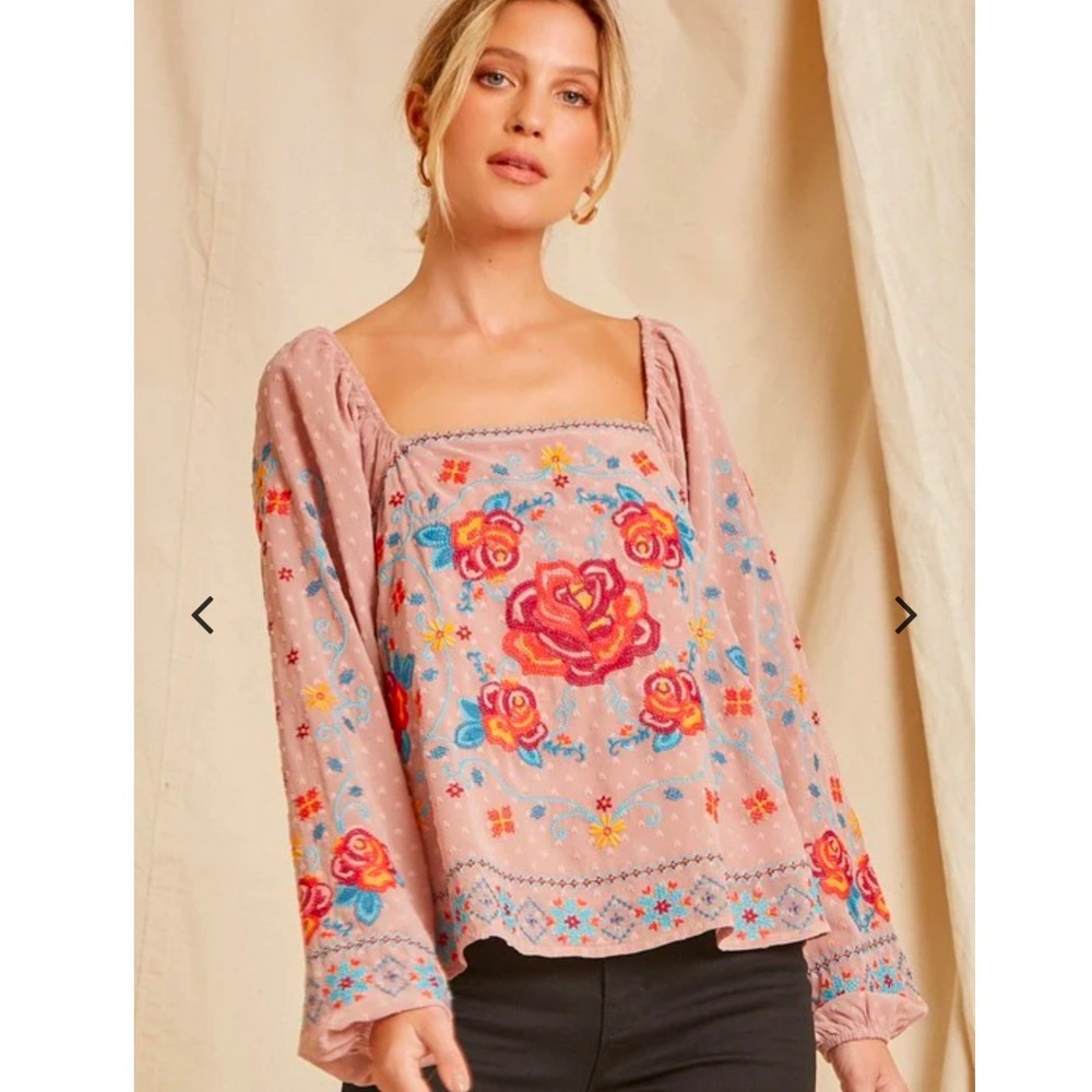 Savanna Jane Embroidered Dusty Rose Peasant Top Floral Long Sleeve Boho Blouse M